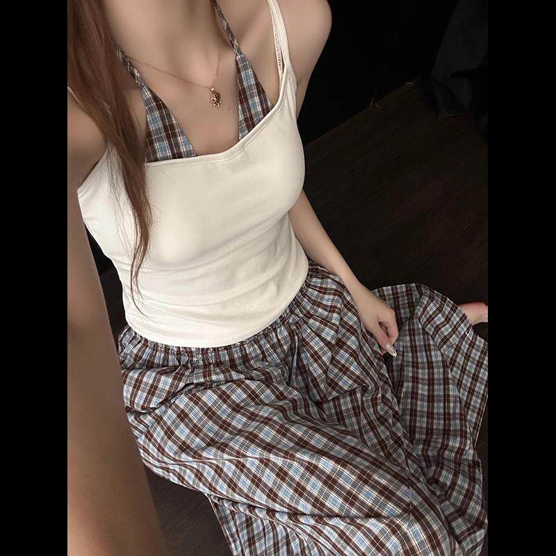 纯欲风格纹挂颈假两件带胸垫睡衣女夏款修身吊带长裤家居服两件套