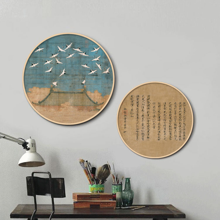 瑞鹤图新中式圆形装饰画客厅背景墙面挂饰宋画玄关茶室挂画书房