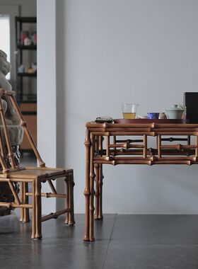 竹制明式小方桌 手工原竹红竹y靠背椅泡茶桌仿古小方几小茶桌套装