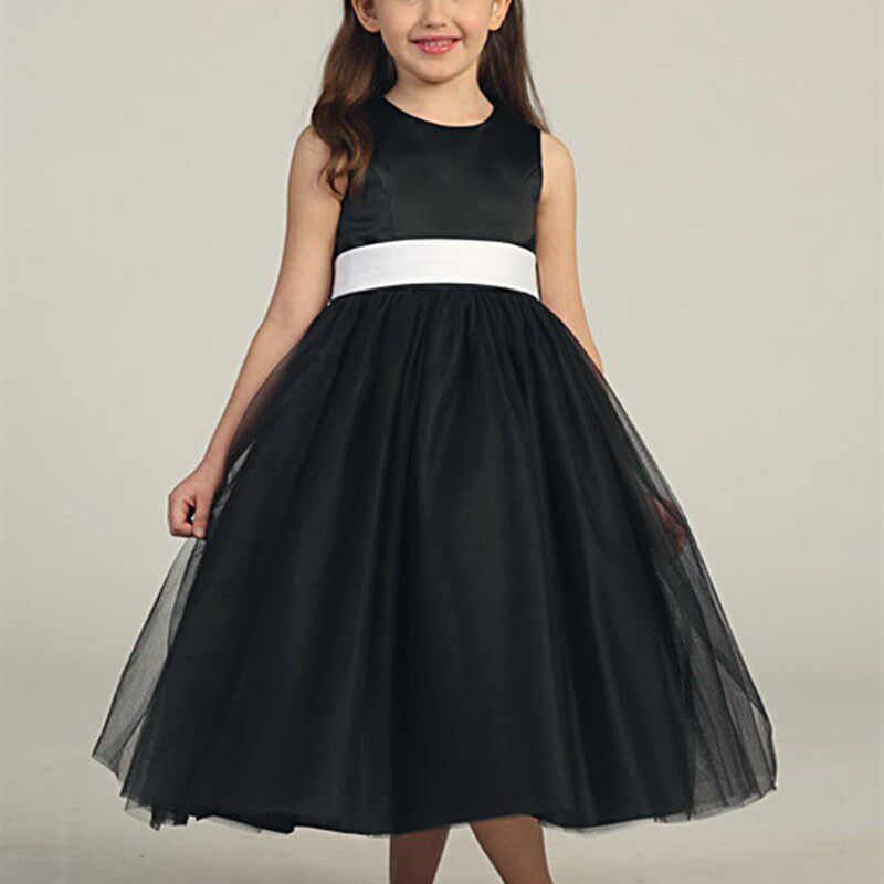 儿童礼服纱裙公主裙女大童婚纱黑色长款蓬蓬裙Q背心连衣裙花童礼