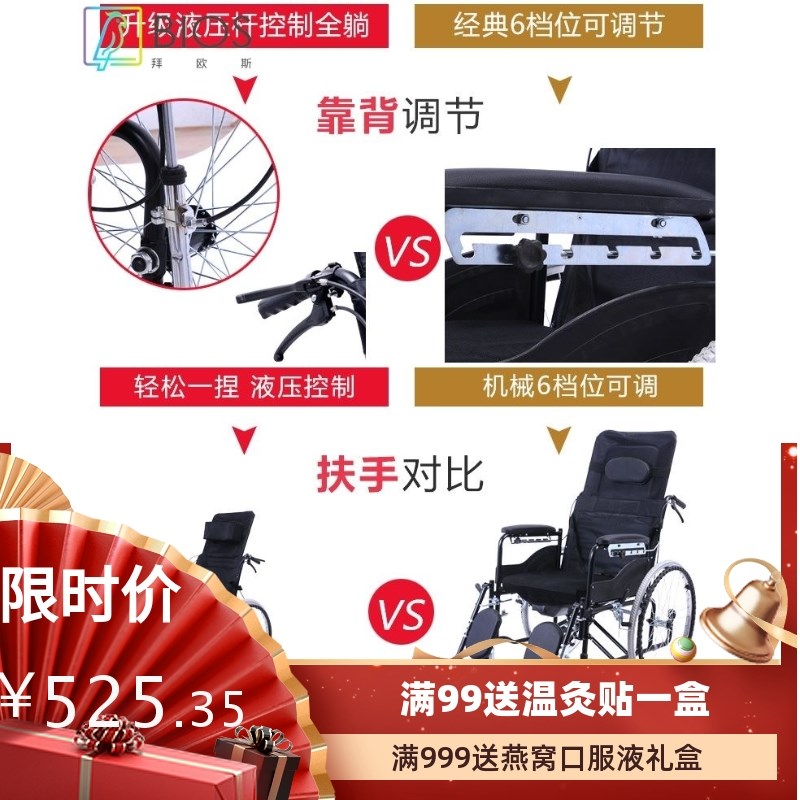 互康轮椅老人折叠轻便小型带坐便器全躺多功能老年U残疾手推代步