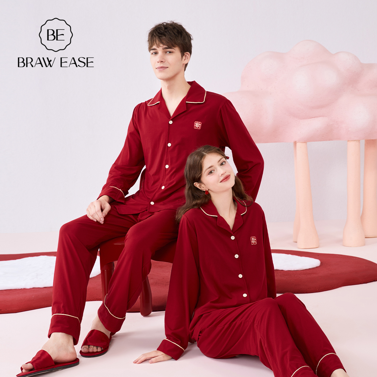 红色睡衣女款纯棉春秋款情侣长袖z长裤男士结婚家居服2024新款冬