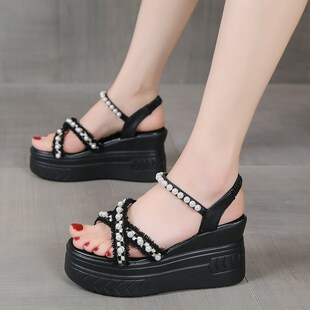 女夏季 子厚底松糕珍珠高跟鞋 外穿2024新款 鞋 9cm 女士时装 坡跟凉鞋