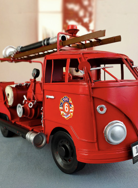 英伦风复古消防车模型装饰摆件创A意手工铁艺金属饰品红色汽车摆