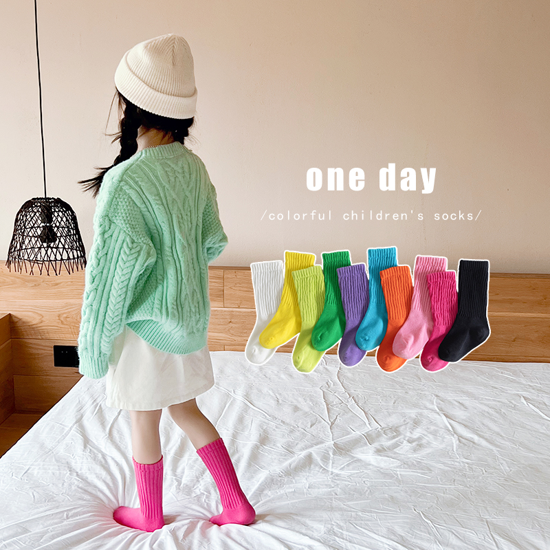 儿童袜子春秋薄款纯棉女童中筒袜彩色多巴胺糖果袜秋W季宝宝泡泡