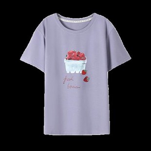 半袖带胸垫女款睡衣单件上衣纯棉夏款宽松MT恤短袖家居服夏季大码