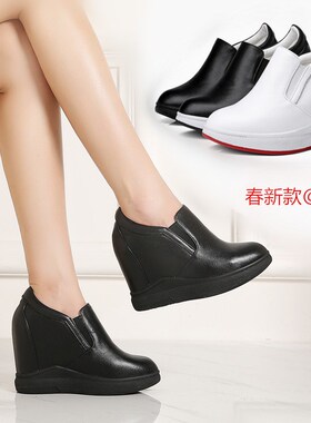 10cm内增高小白鞋女真皮百搭坡跟厚底休闲鞋春秋黑色一脚蹬懒人鞋