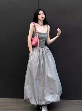 tz3567韩系风显瘦灰色套装夏季新款L女装吊带背心+半身长裙