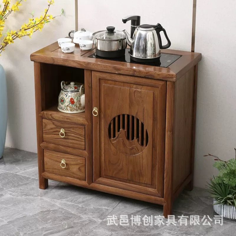 新中式办公室烧茶水柜台壶一体置物架老榆木茶桌侧餐边柜胡桃色
