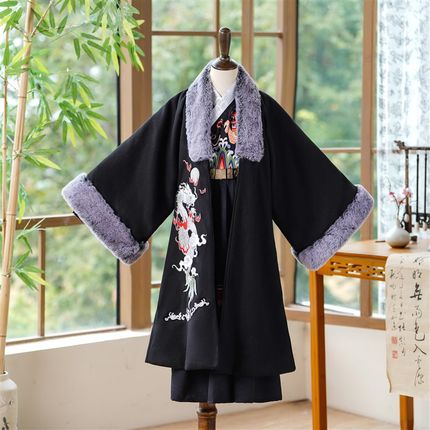 裘衣汉服男童冬季保暖加绒加厚披风斗H篷亲子装古装中国风毛呢外