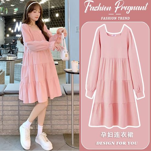 孕妇连衣裙2025新款春秋粉色方领时尚宽松显瘦洋气甜美可爱公主裙