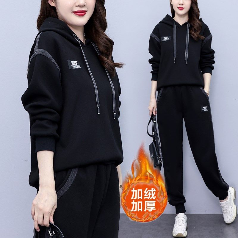 2025春季牛仔卫衣加绒加厚大码女装长袖长裤休闲时尚两件套遮肚女,女装/女士精品,大码套装,淘宝优惠券,粉丝福利购,淘宝优惠卷