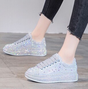 烫钻系带圆头松糕高跟休闲鞋 跟高7CM 隐形内增高真皮百搭运动女鞋