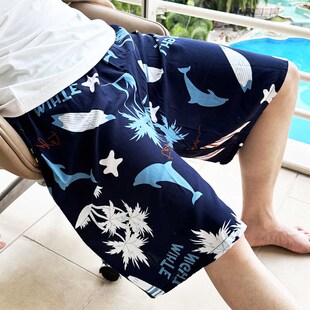 男士棉绸家居高腰夏睡裤薄款人造棉裤子宽松大码绵绸中裤居家短裤