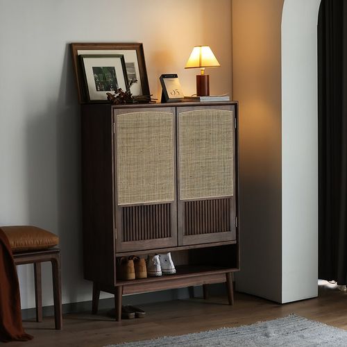 复古鞋柜全实木柜入户门厅小户型玄关柜客厅隔断柜大容量藤编柜子