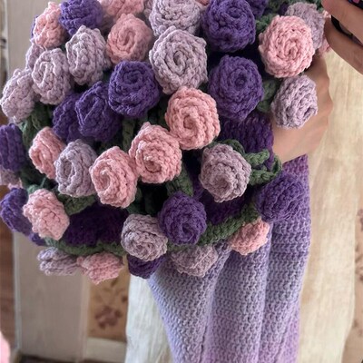 渐变色玫瑰花毯子手工编织材料包钩织毛线盖毯花束diy手织送礼物