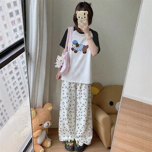 中学生女装夏套装短袖小个子冰丝裤女2025新款夏薄款高腰印花裤装