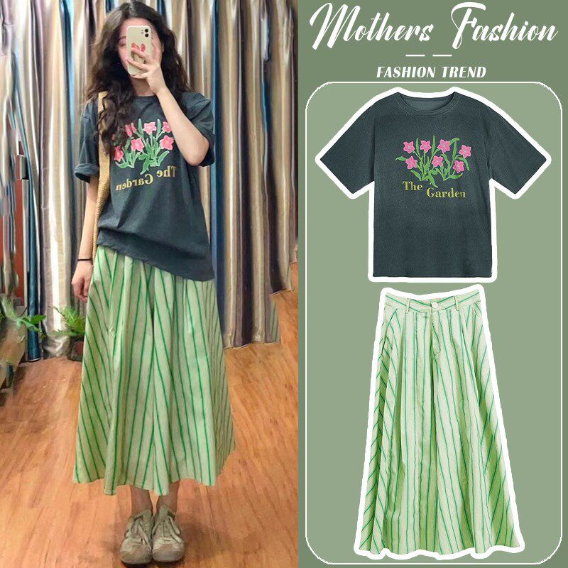 孕妇套装2025新款夏季时尚洋气时髦短袖薄款T恤上衣半身裙两件套
