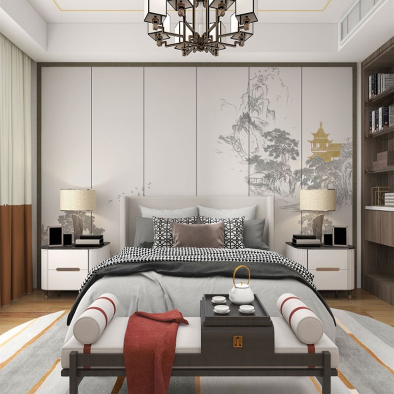 新中式楼阁硬包客k厅沙发刺绣背景墙卧室床头刺绣墙布硬包装饰墙