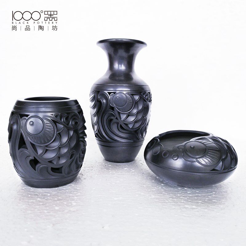 中国风特色手工艺品黑陶鱼纹套三外事商务会议纪念礼品送领导老外