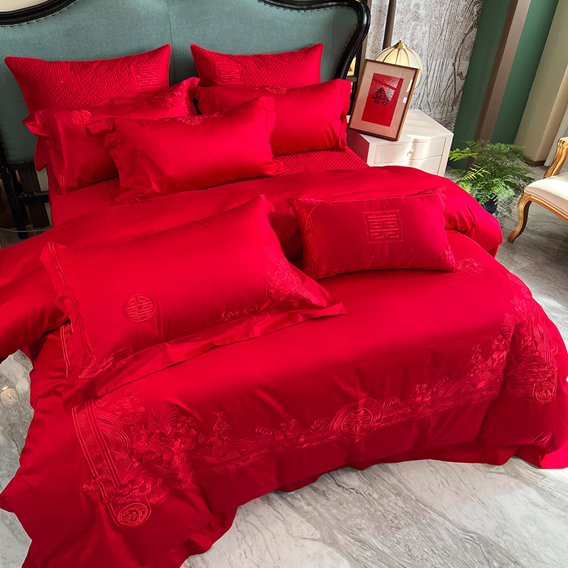 简约大气四件套婚庆床品十件套纯棉大红色女方陪嫁结婚被套床单盖
