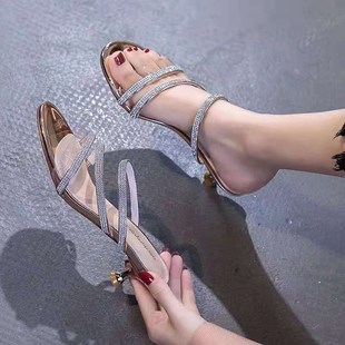 3cm半拖高跟鞋外穿凉拖鞋女2025新款夏季气质低跟中跟水钻仙女风