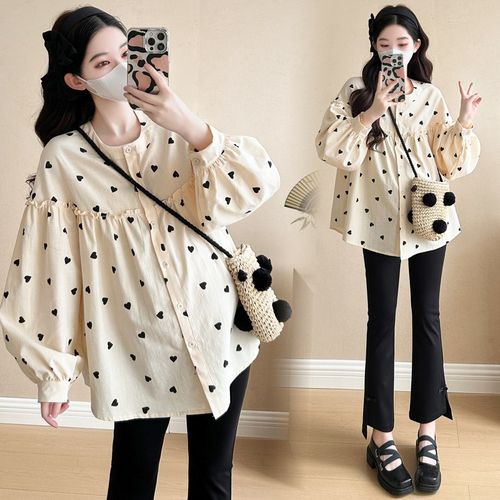 孕妇装春装木耳边拼接长袖印花上衣宽松大码休闲娃娃衫春季衬衫春