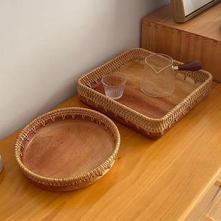 家用客厅干果点心收纳水果零食多用托盘 实木藤纯手工编织中式