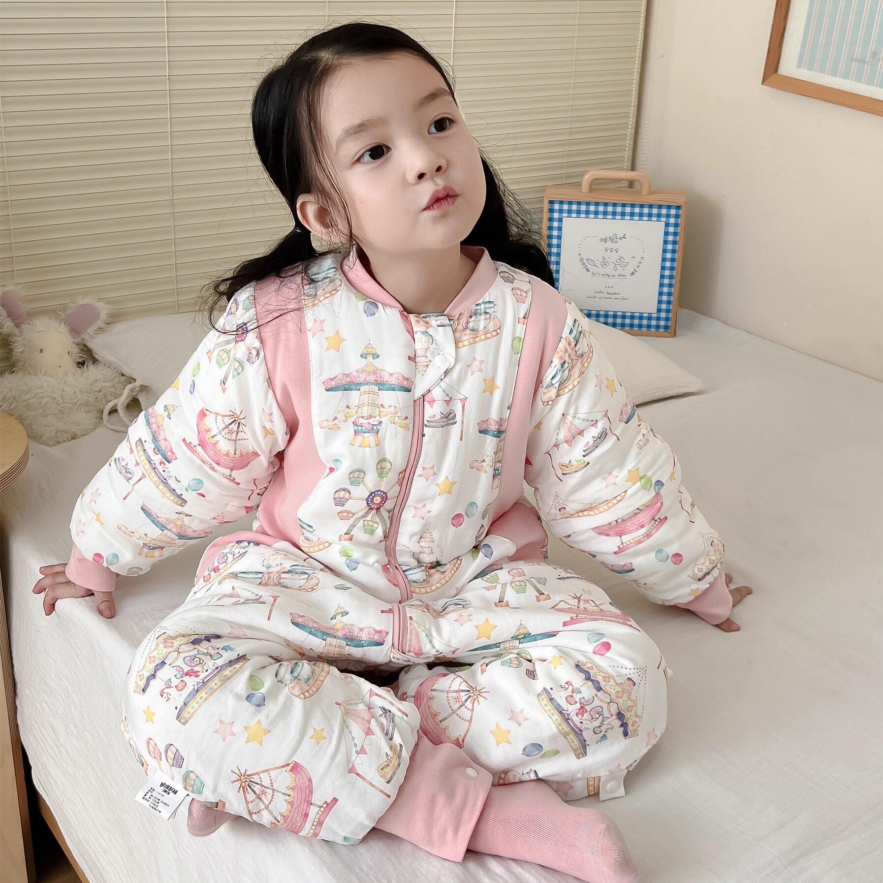宝宝夹棉分腿睡袋春秋冬恒温加厚保暖防踢被男女童竹棉纱布睡衣