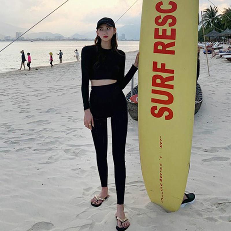 潜水服长袖长裤运动两件式高腰平角冲浪服泳衣女夏保守学生防晒泳
