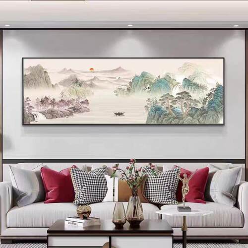 客厅装饰画新中式风景水墨山水画沙发背景墙挂画湖山春暖靠山壁画