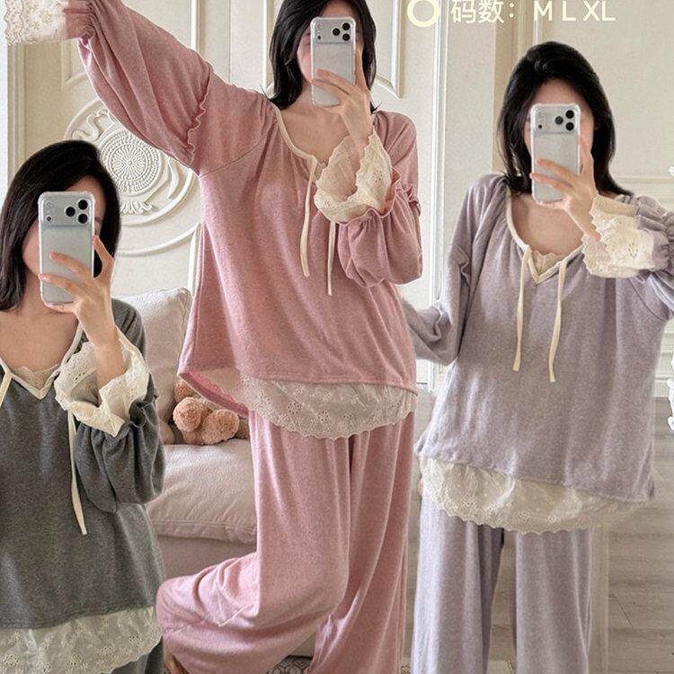 588#柔软蕾丝花边睡衣女冬季长袖长裤两件式女士家居服套装可外穿