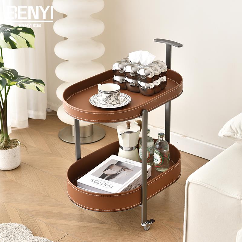 轻奢意式马鞍皮可移动客厅沙发边几小推车茶几家用带轮置物架