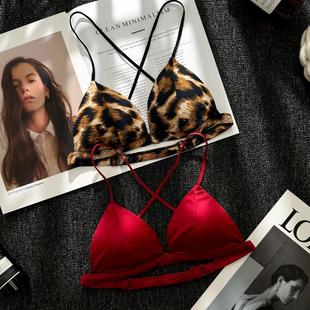豹纹细肩带内衣女法式缎面三角杯美背内搭外穿前扣小胸聚拢胸罩罩