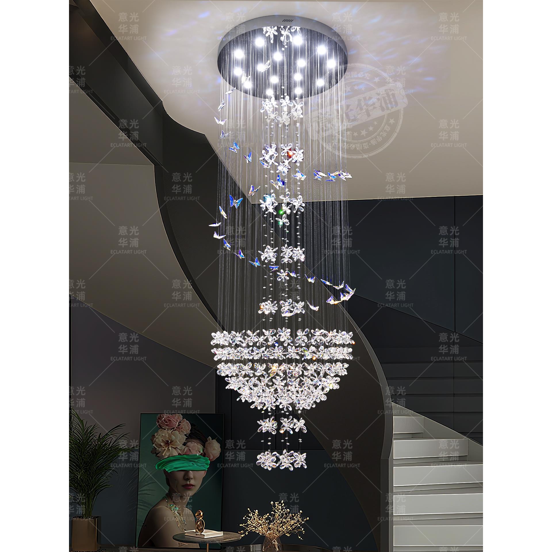 别墅客厅挑空大吊灯复式楼lotf大厅水晶花蝴蝶吊灯公寓楼梯间吊灯