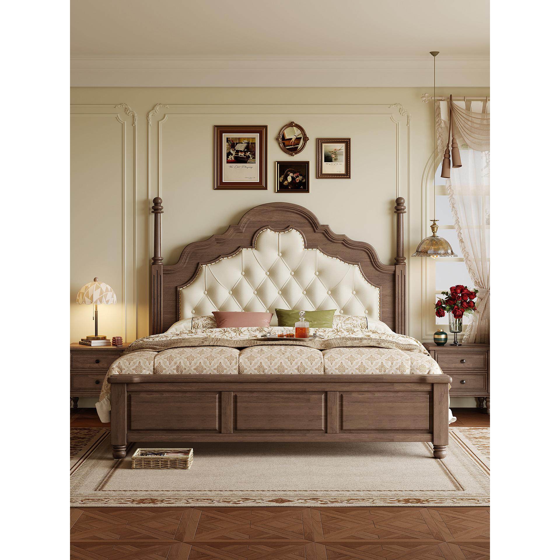 中古风核桃木实木床全榫卯法式轻奢主卧1米8双人床真皮软包婚床