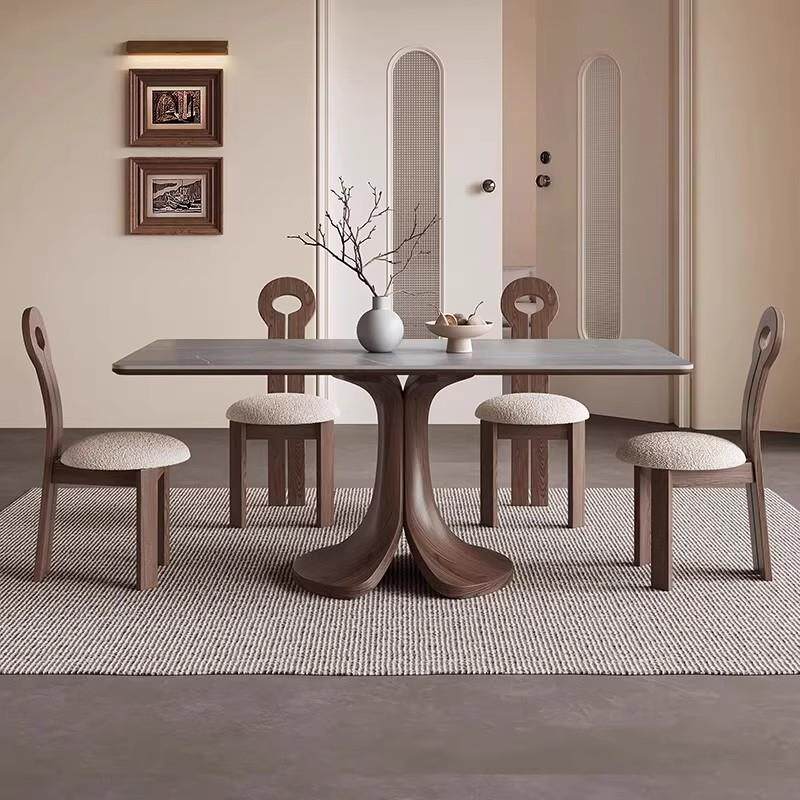 中古风实木岩板餐桌椅长方形现代简约胡桃色新款小户型玻璃钢餐桌