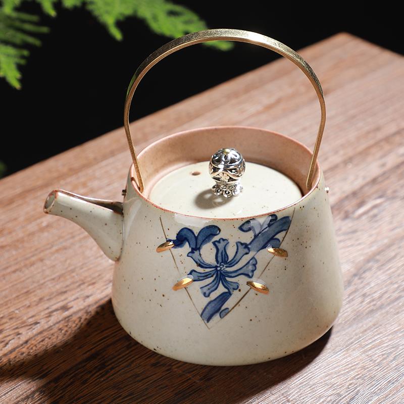覆古粗陶提梁壶陶瓷茶壶日式小号普洱功夫茶具泡茶壶手绘青花单壶