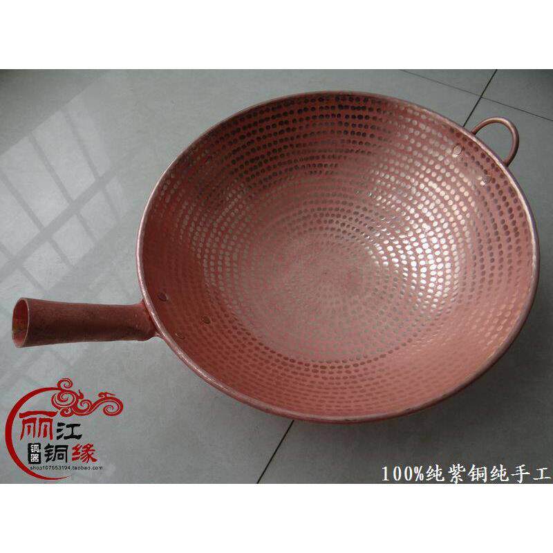 纯手工纯紫铜炒锅纯铜火瓢锅加厚型炒菜锅铜炒瓢多种尺寸配送木柄
