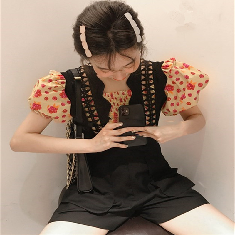 蕾丝连体衣裤韩国东大门显高休闲裤背带裤碎花衬衫上衣两件套装女