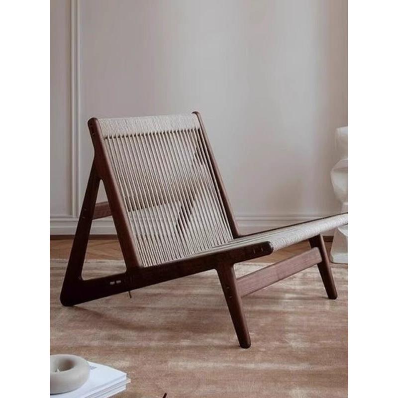 沐野家用设计师阳台休闲椅实木复古椅子北欧绳编诧寂风单人沙发椅