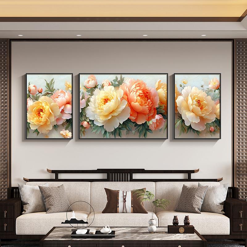 花挂画大气背景墙沙发画开三联画富贵新装饰画客厅中式组合牡丹花图片