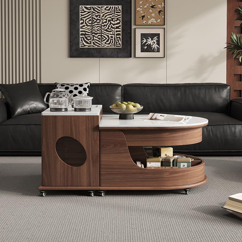 中古风岩板茶几泡茶一体客厅家用可移动功夫小茶台桌胡桃木纹边几