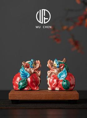 国潮陶瓷招财天禄貔貅公母客厅摆件交趾陶办公桌店铺开 业装饰礼