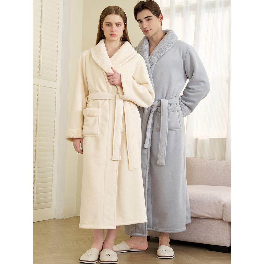 秋冬情侣浴袍浴巾式睡衣睡袍双层加厚长款珊瑚绒女奥粒绒睡袍大码