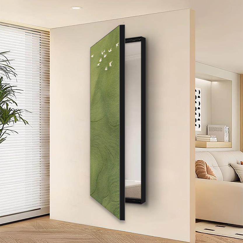 法式中古风玄关隐藏式翻开式全身镜装饰画绿色抽象暗藏穿衣镜挂画