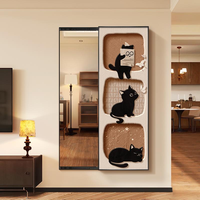 猫咪中古风装饰画镜子玄关暗藏式穿衣镜推拉隐藏式试衣全身镜挂画