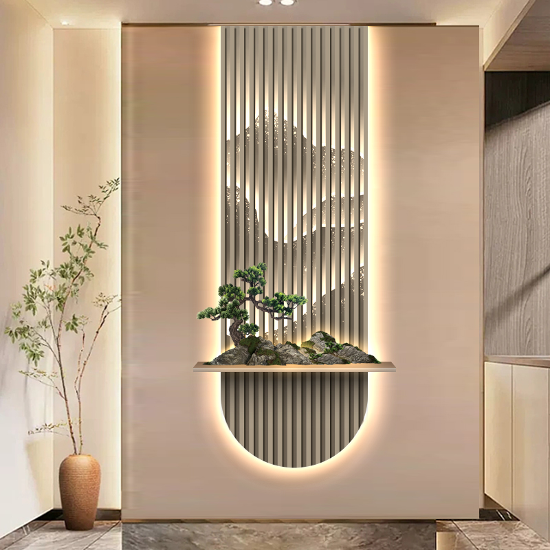 玄关3D立体浮雕装饰画实物松树挂画轻奢走廊尽头2024新款发光壁画