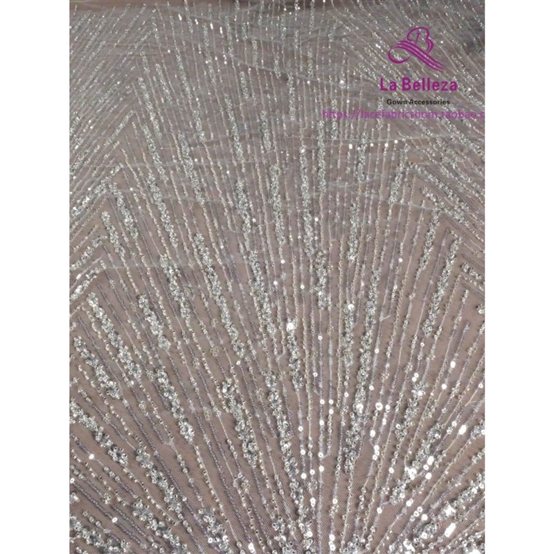 新品银色重工珠绣蕾丝水晶亮片透明网纱布料L婚纱礼服DIY材料衣裙