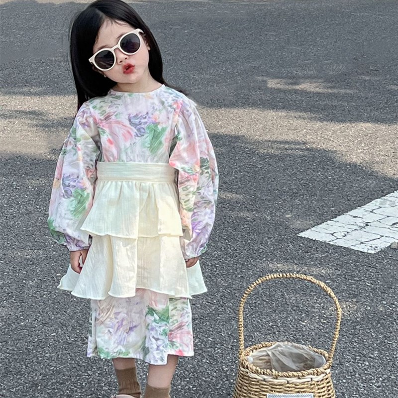 女童碎花连衣裙小女孩宽松花色中长款裙子韩版女宝宝长袖娃娃裙潮